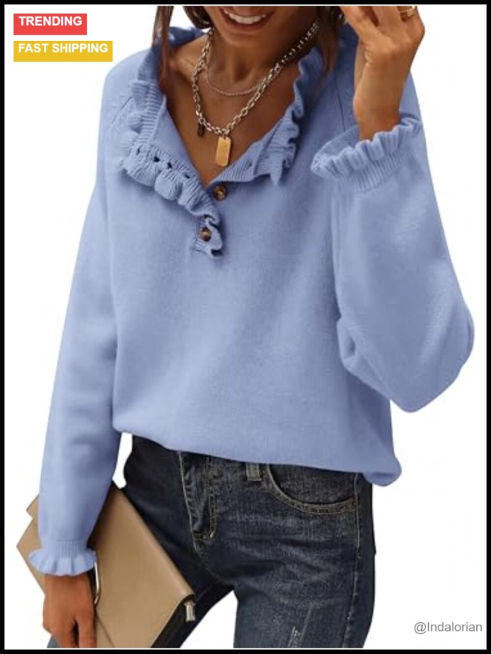Ruffle Button Down Knit Pullover Sweater Crewneck V-Neck Long Sleeve